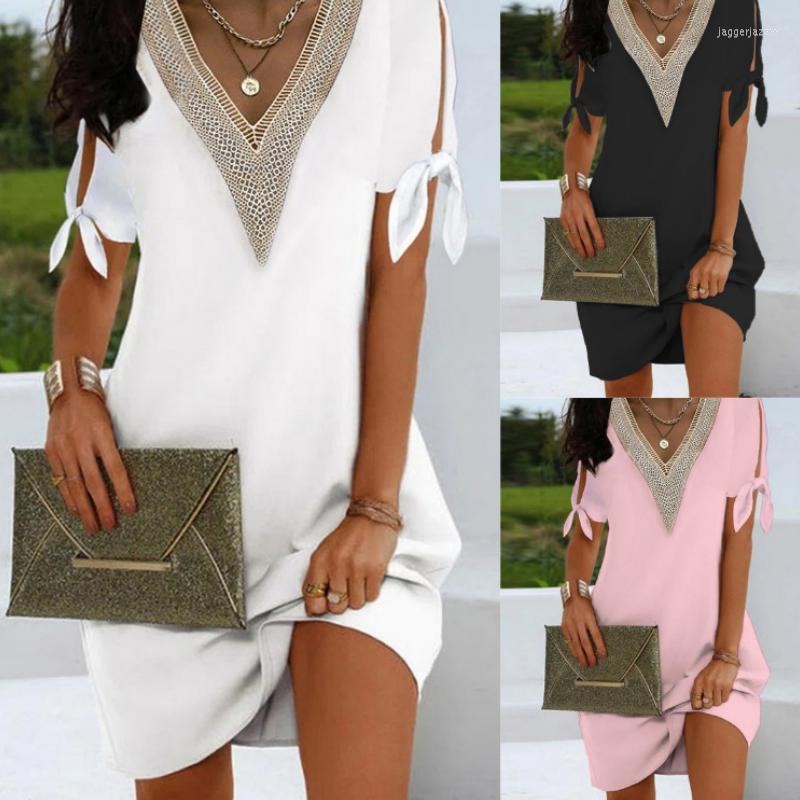 

Casual Dresses Women' 2023 Fashion Split Bow Short Sleeve Pullover Summer Sexy V-Neck Panel A-Line Dress Elegant Solid Color, Black