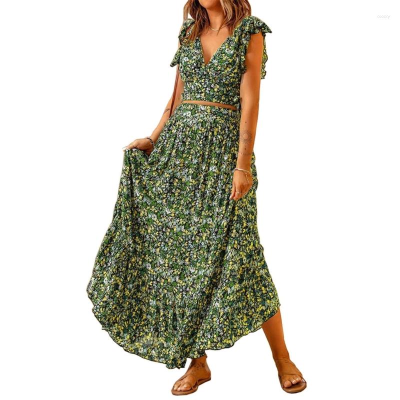 

Casual Dresses Women Sexy Two Piece Skirt Outfits Bohemian Floral Printed V Neck Crop Tops And Flowy Maxi Dress With Pockets, Red blue