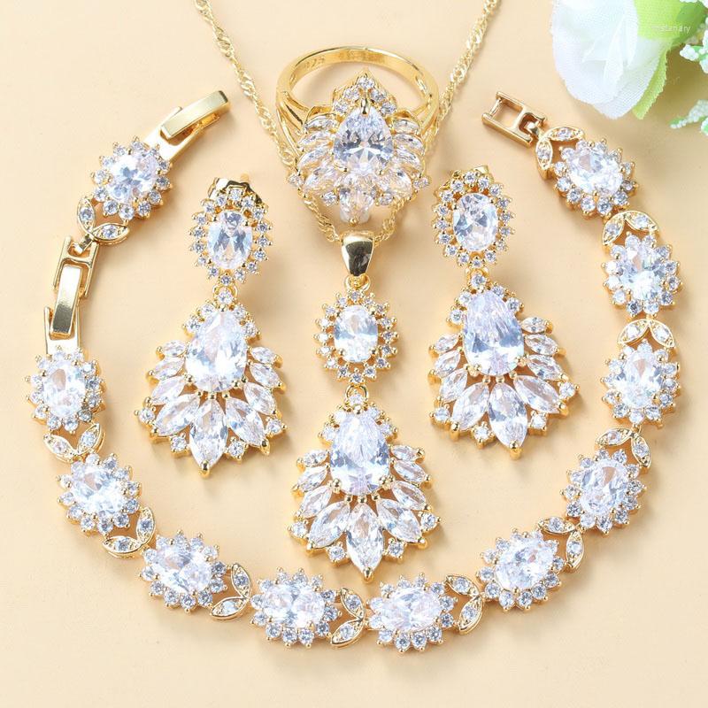 

Necklace Earrings Set Perfect Women Bridal Big Jewelry Gold Colors Austrian Crystal Long Stud Bracelet And Ring 6-Colors Four-Piece Suit, Picture shown