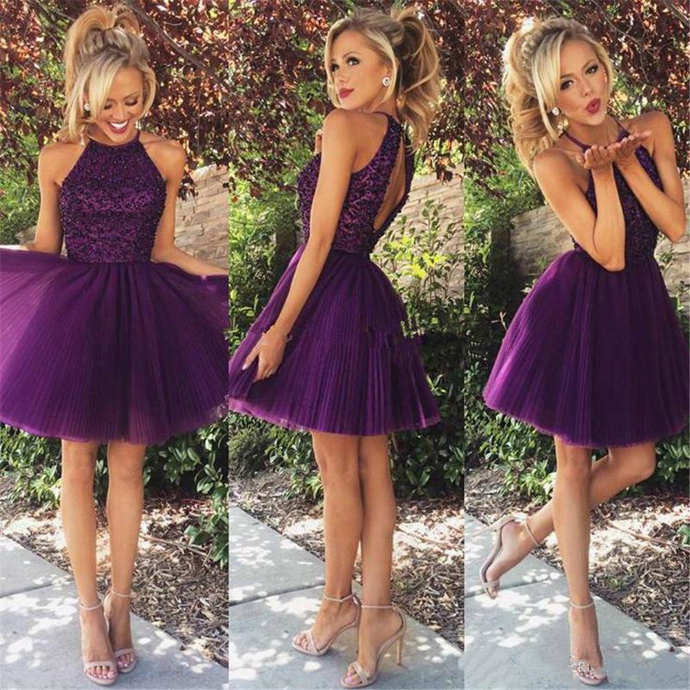 

Purple Homecoming Dress Mini Party Prom Gown A-Line Short Tulle Sleeveless Backless Sequined Beads Above Knee Dresses, Ivory