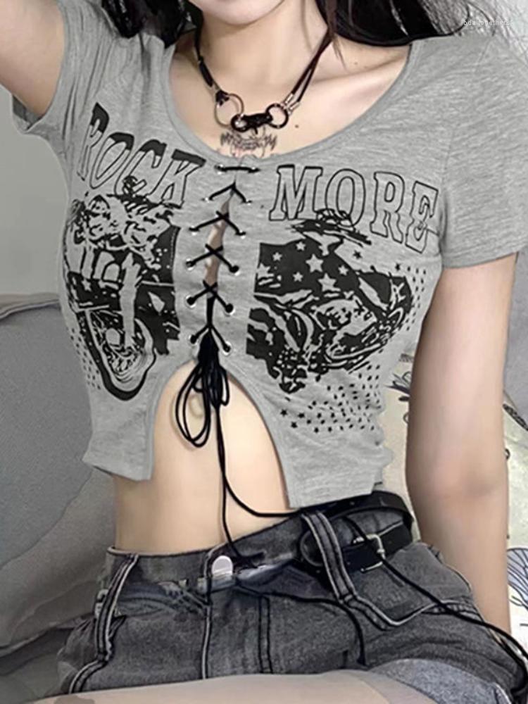 

Women' T Shirts Y2k Irregular Shirt Women Vintage Short Sleeve Harajuku Crop Top Graphic Tee Korean Fashion Bandage T-shirts Female, Gray