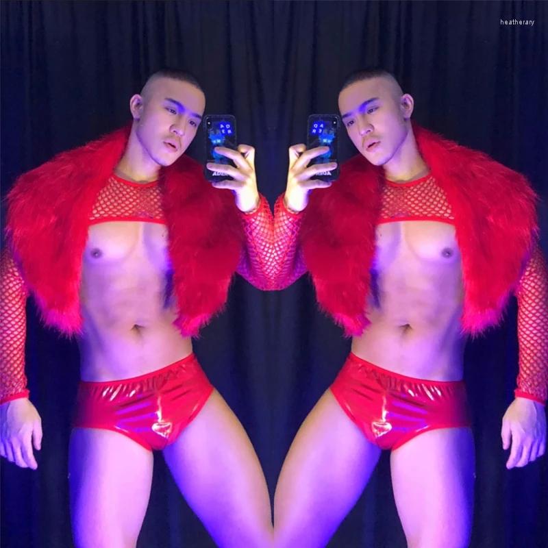 

Stage Wear Bar Party Festival Rave Gogo Costume Muscle Male Female Club Nightclub Show Performance Clothes Red Fur Shawl Shorts, Black
