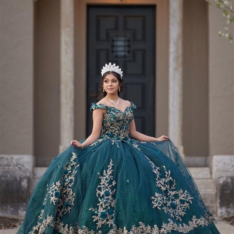 

Emerald Green Shiny Princess Off The Shoulder Ball Gown Quinceanera Dresses Beaded Applique 3D Flower With Cape Celebrity Party Gowns, Blue