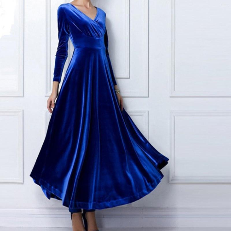 

Casual Dresses Prom Maxi Dress Ankle-Length Women Unique Pattern Pleated Swing Large Hem Pure Color Velvet Femme Clothing Robe, Blue