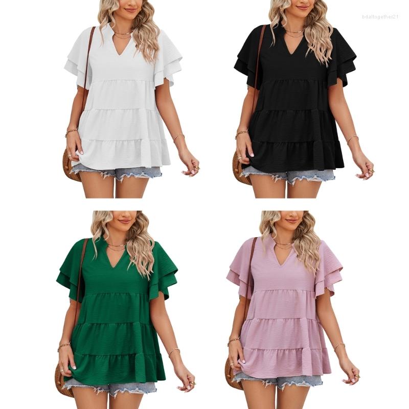 

Women' T Shirts Women Double Layer Ruffle Short Sleeve Solid Color Tiered Flowy Chiffon Tunic Blouses V-Neck Loose Fit Peplum Top P8DB, Pink