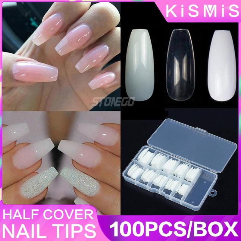 

False Nails 1Box Beauty Half Cover Nail Tips Stonego Long Ballerina Coffin Jewelry Box 100pcs/box, White