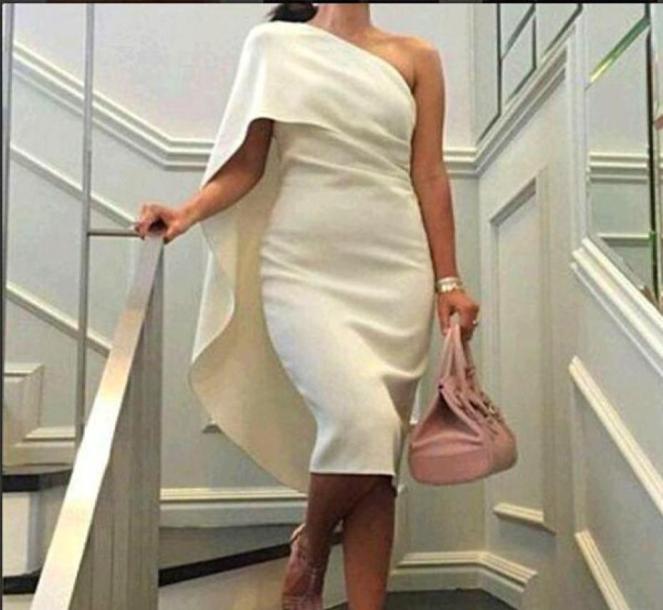 

Fashion Cocktail Dress Evening Party Dresses Sheath Column Fitted One Shoulder Under Knee Length Club Gowns with Cape Design Summe8569681, Orange