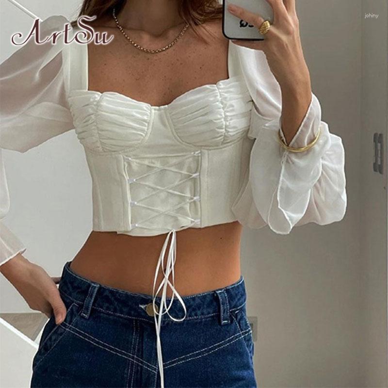 

Women' T Shirts Mesh Top White T-shirt Vintage Long Sleeve Crop Streetwear Autumn Lace Up Backless Sexy Tee Shirt Femme Women, White01
