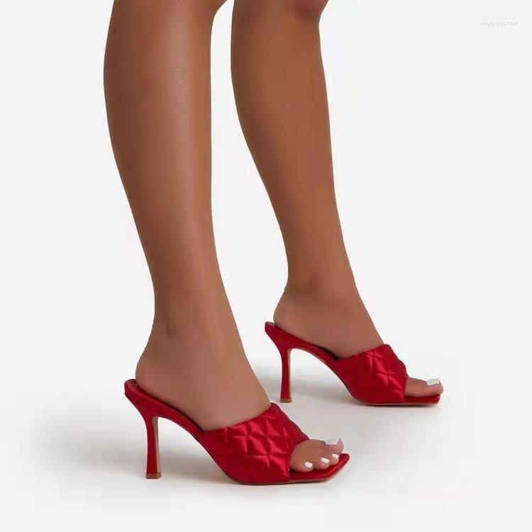 

Dress Shoes Women's Mule Sandals Square Toe High Heels Slideshow Silk Quilted Slippers Fashion Party Pump All-match Simplicity, Pink