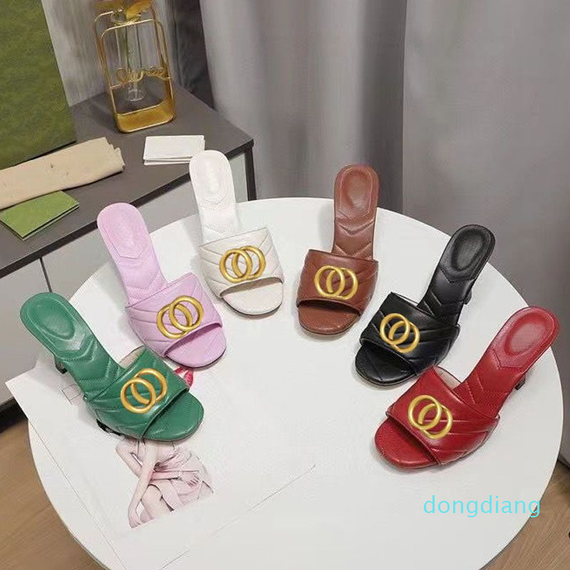 

Classic designer women beach Half slippers 100% leather Thick heels Metal Slides cowhide summer woman shoes Lazy Sandals High heeled shoe Large size 34-40-41-42 Wit, Red