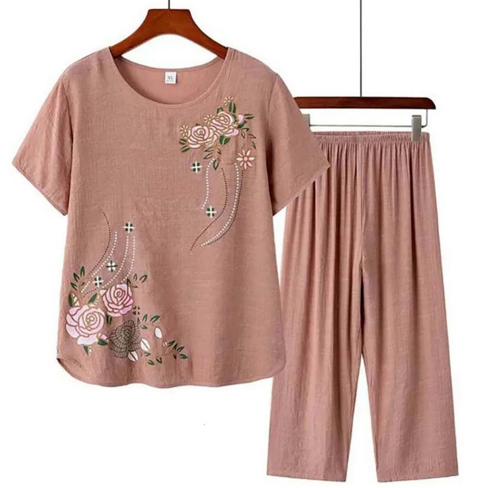 

Women s Tracksuits Middle aged and elderly women s short sleeved t shirt mother suit loose large size cotton linen two piece 230629, Coffee a