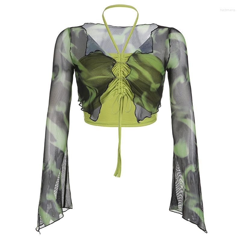

Women' T Shirts Retro Tie Dye Gradient Thin Mesh Halter Spicy Girl Pleated Lace Up Two Piece Set T-shirt, Green
