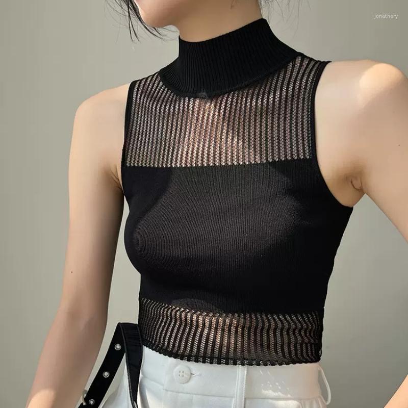 

Women's Tanks Fashion Hollowed Out Outfits Unique 2023 Sexy Sleeveless Half High Neck Knitted Mesh Tops Vest Tees Women Summer Top, White