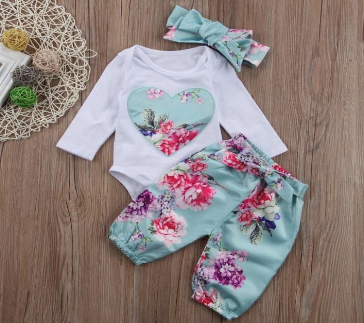 

3PCS Set Baby Boy Girls Boys Clothes Romper Spring Autumn Kids Heart Embroidery Tops Floral Pant Outfits Children Girl Clothing S1925959, Sky blue