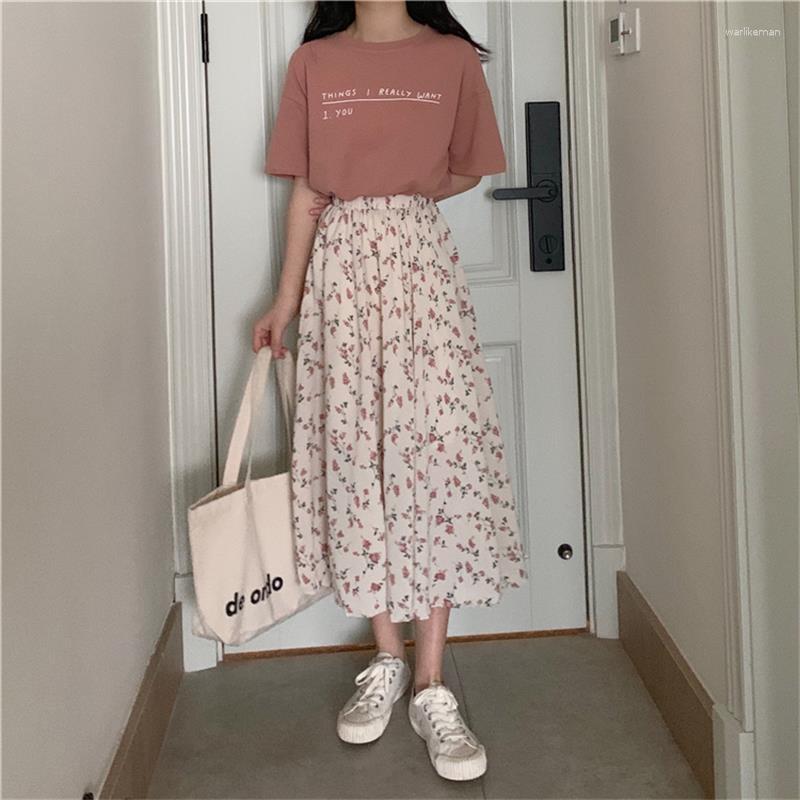 

Skirts Vintage Skirt Women Clothes Floral Long Harajuku Streetwear Elegant Spring Summer Elastic Waist Midi, Black