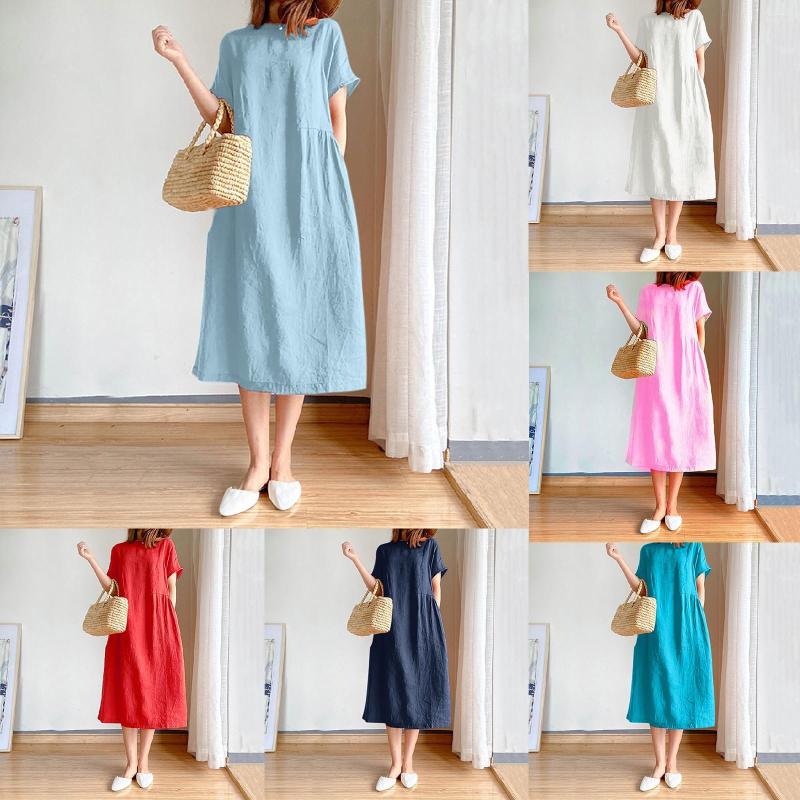 

Casual Dresses Ladies Round Neck Short Sleeve Solid Color Loose Slim Mid Length Dress, White