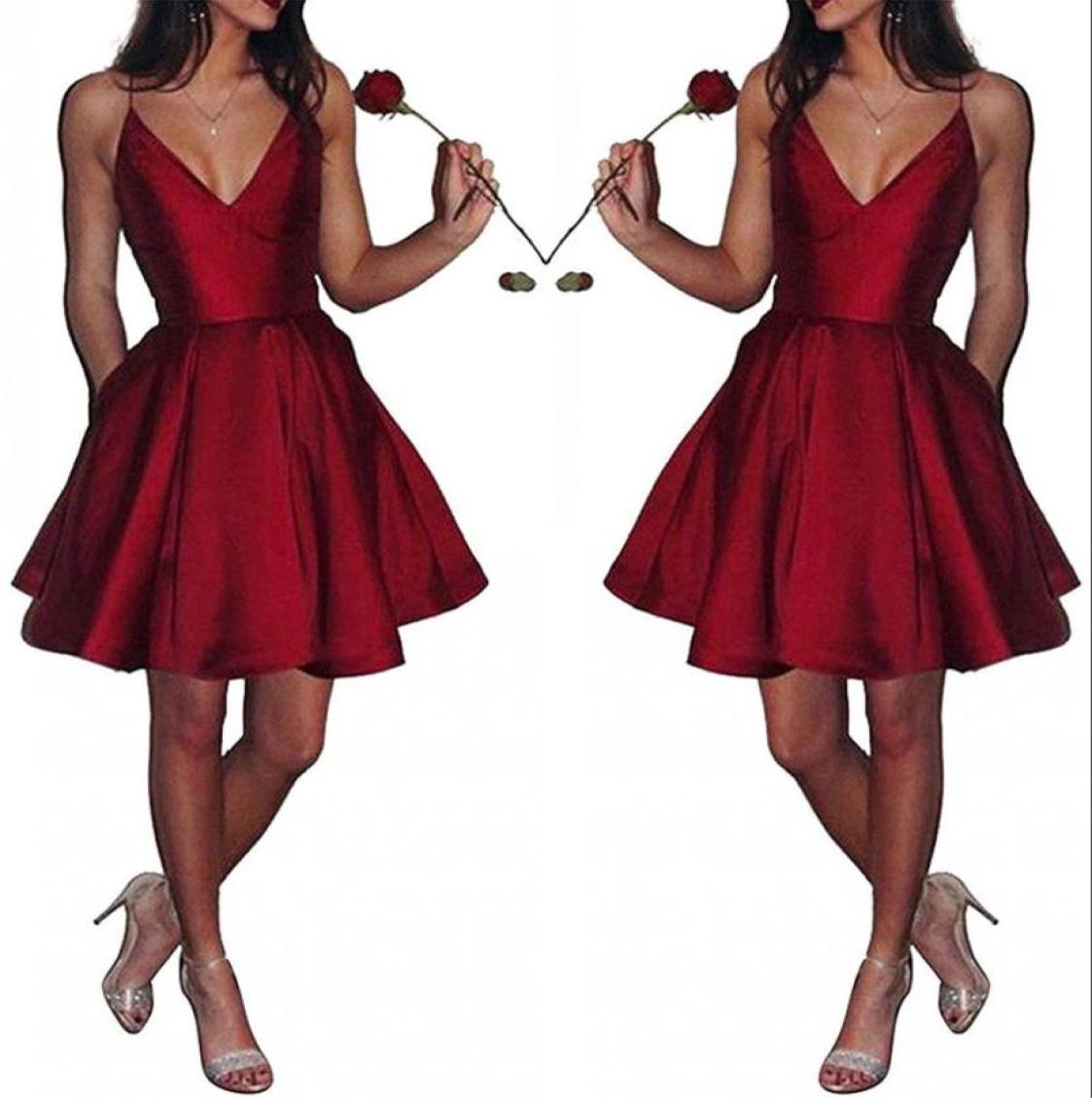 

V Neck Satin Short Homecoming Dresses Sexy Spaghetti Straps A Line Knee Length Formal Party Gowns Short Prom Dresses BM04483481540, Black