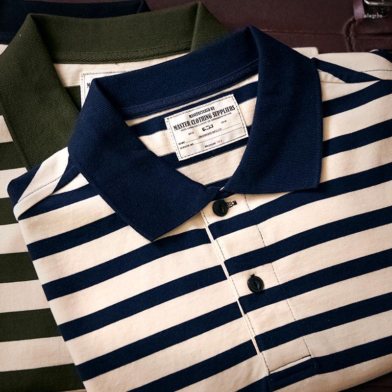 

Men's Polos Summer American Retro 230g Short Sleeve Laepl Sailor Striped Polo Shirt Men's Fashion Cotton Washed Heavyweight T-shirt, Picture 3