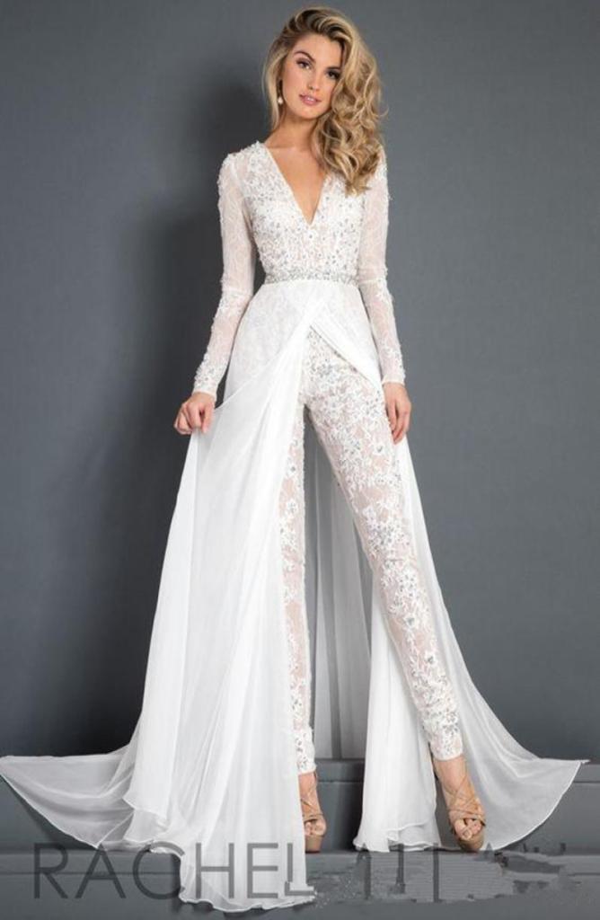 

White Lace Chiffon Wedding Dress Jumpsuit With Train Modest Vneck Long Sleeve Beaded Belt Flwy Skirt Beach Casual Jumpsuit Bridal6830050, Nude