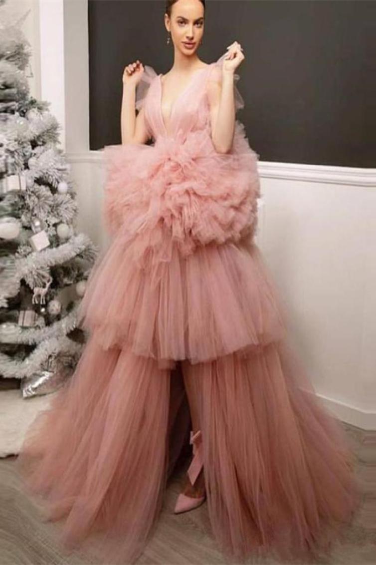 

Newest Tiered Puffy Tulle Prom Dresses 2020 Sexy Deep V Neck Evening Party Gowns High Low Cheap Dress Bride9343988, Daffodil