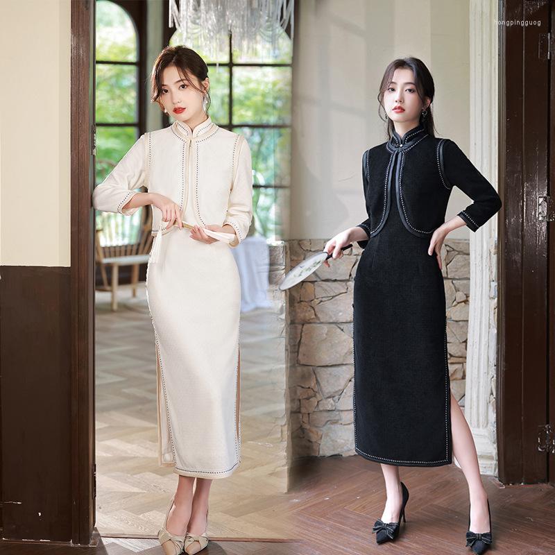 

Ethnic Clothing Autumn Winter Vintage Improved Cheongsam Chinese Traditional Slim Women Long High Split Qipao