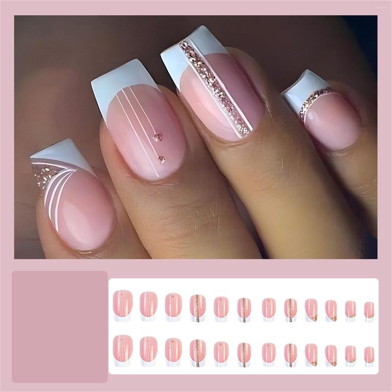 

False Nails 24pcs French Tip Press On Square Medium White Nail With Glitter Designs Pink Full Cover