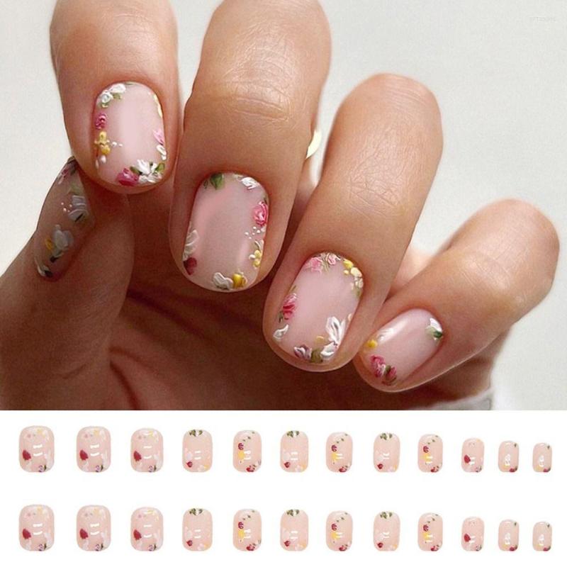 

False Nails 24pcs Short Square French Charming Flowers Full Cover Detachable Nail Tips, Picture shown