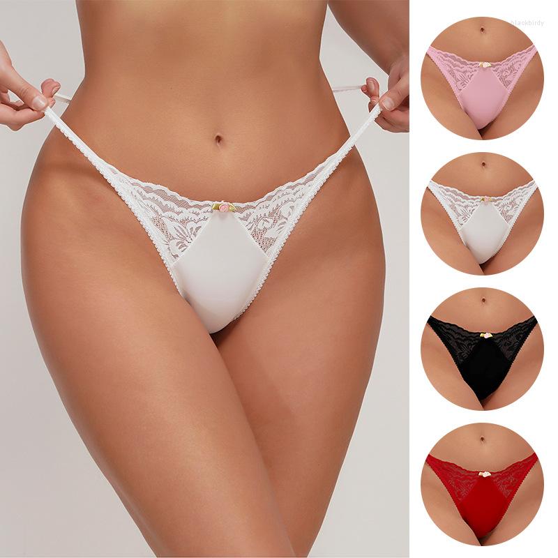 

Women's Panties 3PCS/set Thin Strap Sexy Woman Underwear Cute Flower Breathable Lace Lingerie Mini Thongs Briefs String Pour Femmes, Color 3