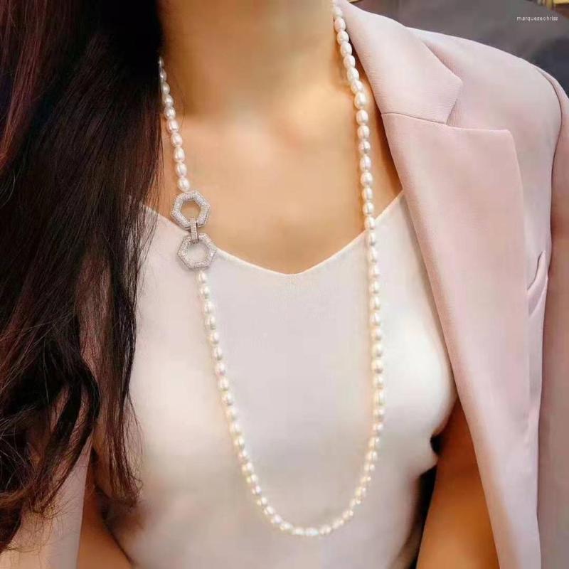 

Chains Women's Jewelry 8-9mm 80cm Micro Inlaid Zircon Accessories White Rice Freshwater Pearl Necklace