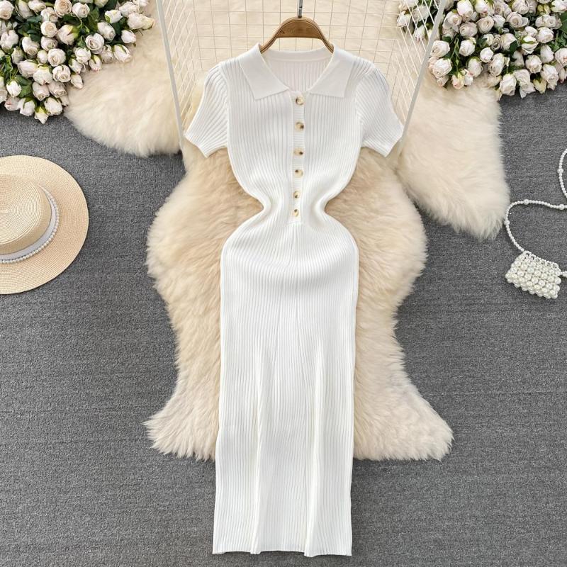 

Casual Dresses Women Solid Striped Sheath Dress Turn Down Collar Short Sleeve One Breasted Long Maxi Elegant Lady Outfit Vestido, Black