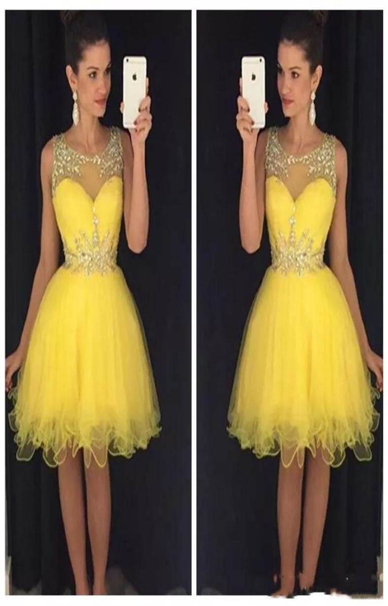 

Sheer Short Prom Dresses Lace Appliques Beading Rhinestone Tulle Formal Vestidos De Bridesmaid Homecoming Party Gowns Sleeveless V9491895, White