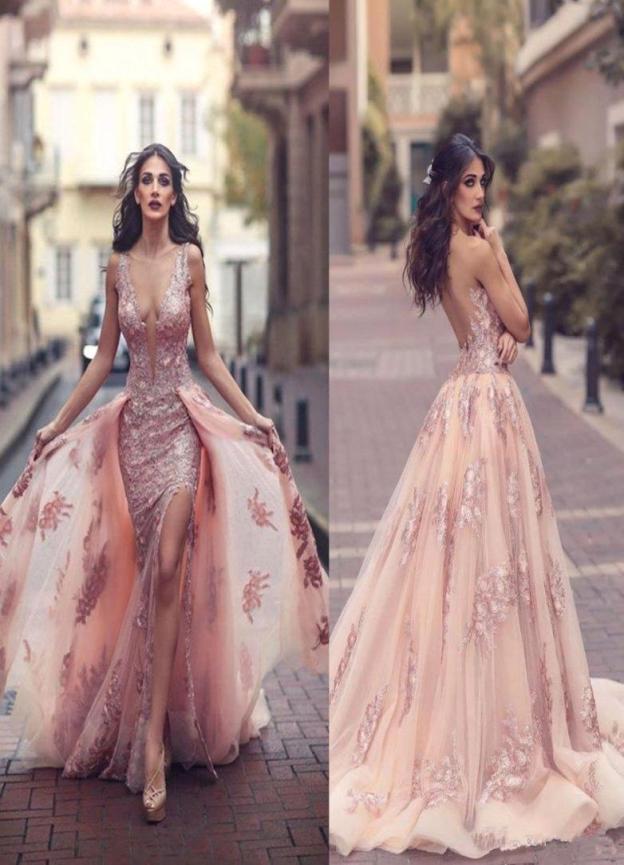 

Sexy Lace Backless Prom Formal Dresses 2018 Berta Sheer Neck Sleeveless With Detachable Train Split Arabic Evening Occasion Gowns 8978154, Chocolate
