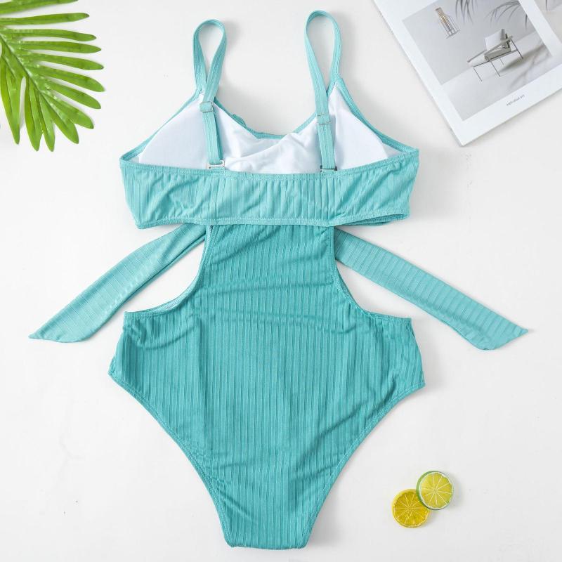 

Women's Swimwear Ribbed Cut Out Swimsuit Women Sexy Monokini Low XR-, Green