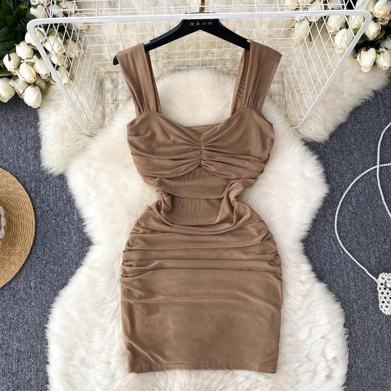 

Casual Dresses Chic Solid Pleated Slip Dress Sleeveless Korean Fashion Vestidos Women Vintage Summer Hip Wrap, Black