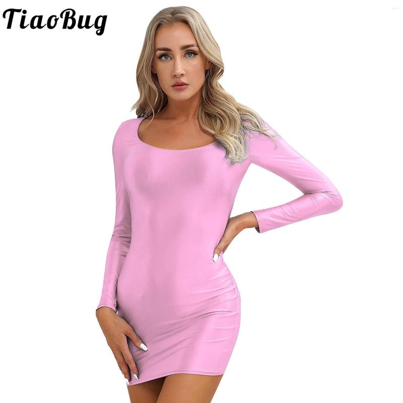 

Casual Dresses Women's Long Sleeve Mini Dress Shiny Smooth Narrow Bodycon Round Neck Tight Pencil Cocktail Rave Party Clubwear, Grey