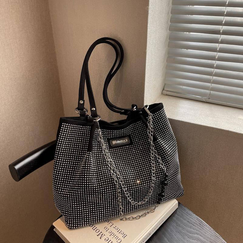 

Evening Bags Women's Bag 2023 Fashion Bright Diamond One Shoulder Underarm Texture Casual Chain Tote For Woman, Black