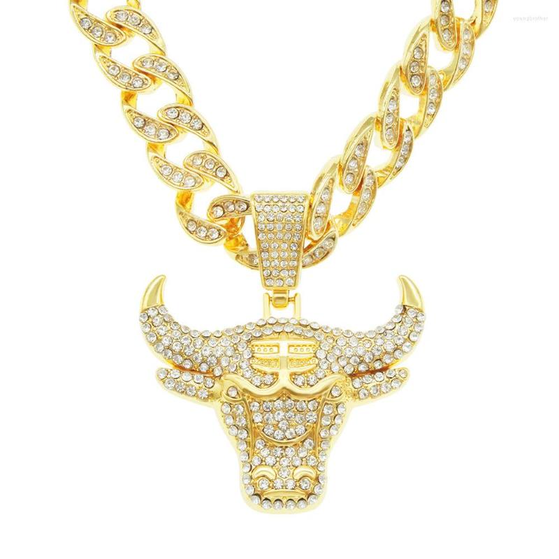 

Pendant Necklaces Men Hip Hop Fashion Full Rhinestone Bull Head Necklace Sparkling Out Gold Plated Metal