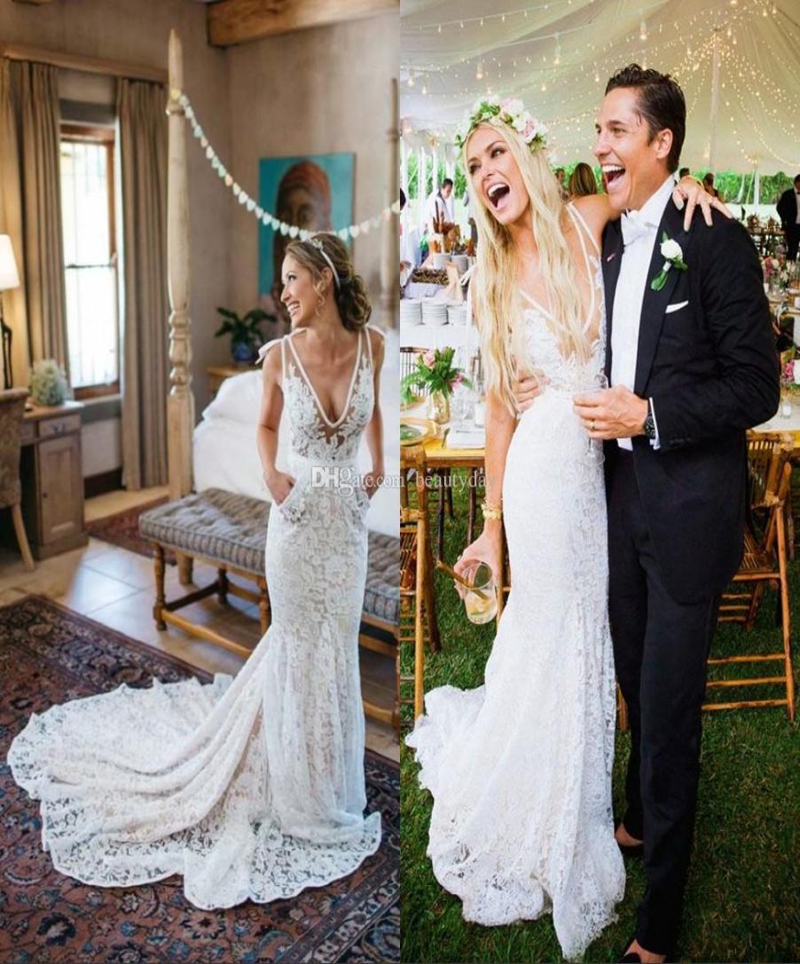 

Garden Vintage Wedding Dresses Pockets Beach Mermaid Wedding Dress Maternity Pregnant Bridal Gowns Sexy Deep V Neck Ivory Lace Bac2523577, Silver