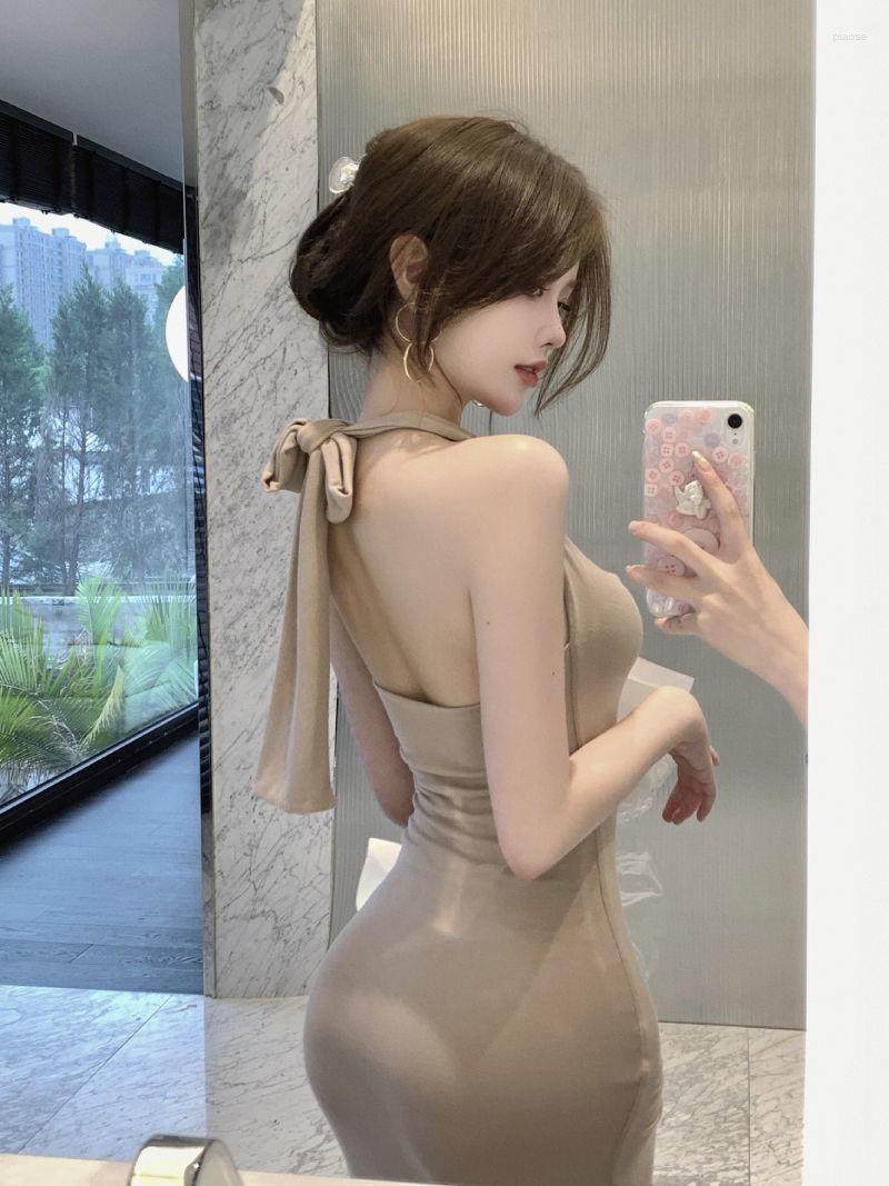 

Casual Dresses Girl Open Back Neck Strap Dress Women's Summer Waist Mid Wrapped Hip Knit Y2k Formal Occasion Vestidos 2023 Women, Khaki