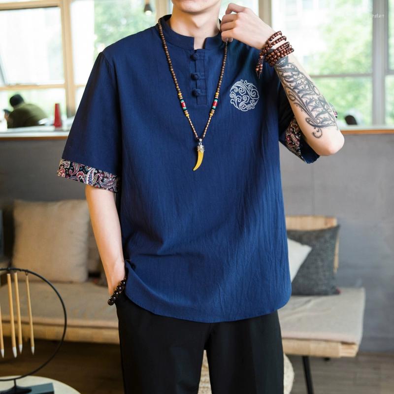 

Men's T Shirts Men Linen Shirt Chinese Style Retro Casual V-neck Tops Summer Plus Size Embroidery Traditional Asian Tang Suit For Man, Grey blue