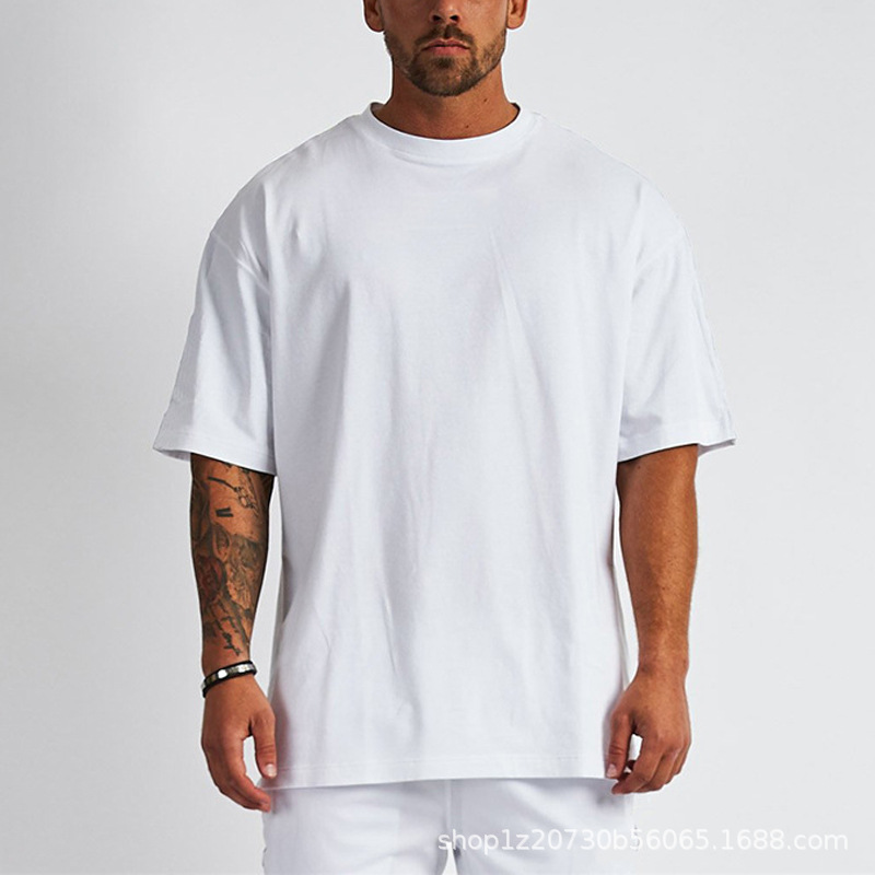 

High -quality clothing heavy cotton oversized men's T -shirt tide tidal cotton loose and fall shoulders short -sleeved men's T -shirt, White