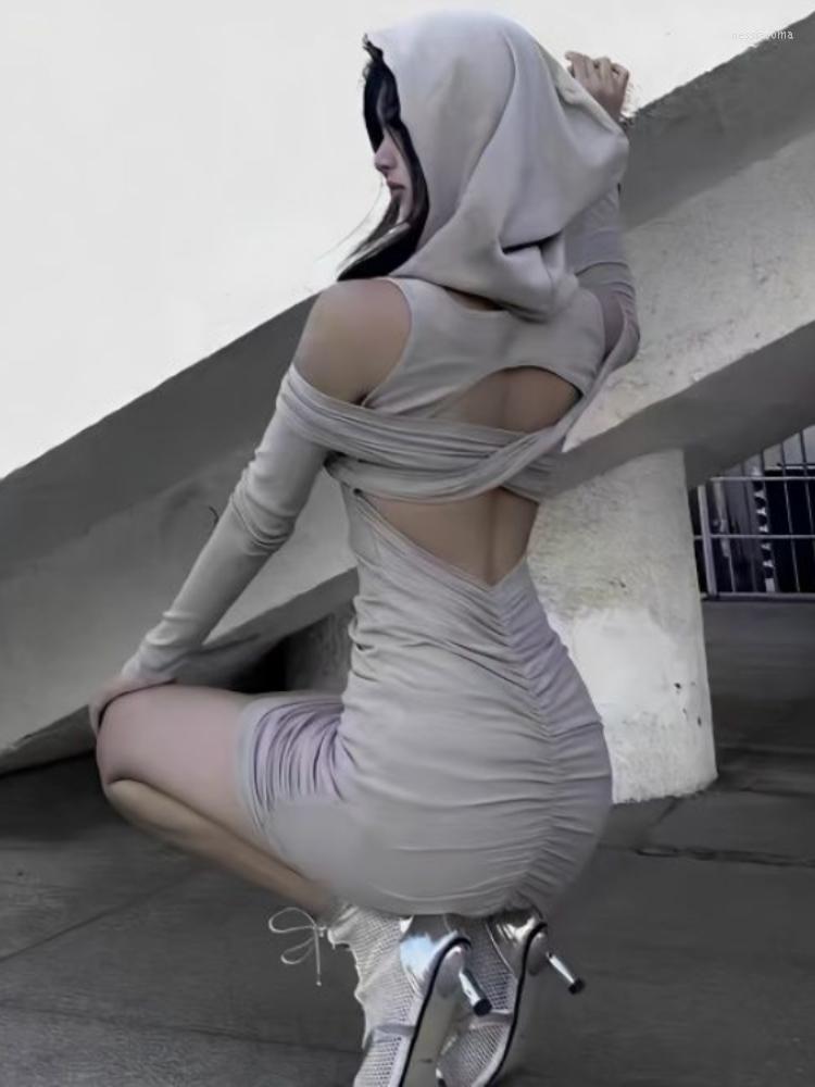 

Casual Dresses Korean Japanese Grunge Sweet Unique Simple Y2k Aesthetic Vestido De Mujer Women Slim Waist Tunic Backless Sexy Dress, Light grey
