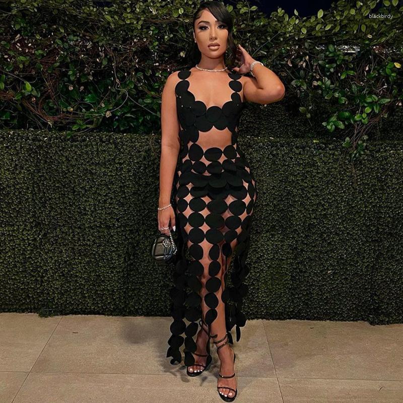 

Casual Dresses Sexy Hollow Ribbons Tassel Dress Women Sleeveless Irregular Hole Skinny Bodycon Party Clubwear Female Vestidos Mujer, Black