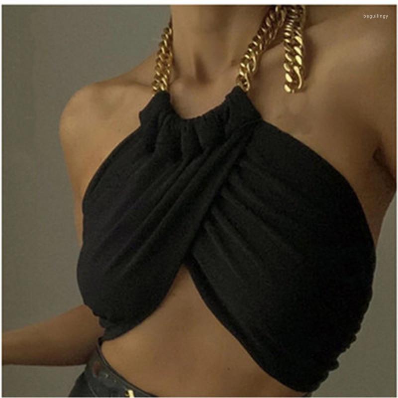 

Women' Tanks Bottom-wrapped Chest Vest Women' Summer Sexy Metal Chain Decorative Neck Top Backless Cropped Black Packaging Street