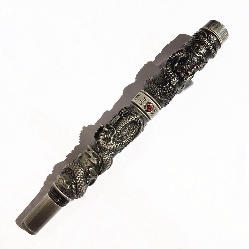 

Pens Jinhao Vintage Luxurious Rollerball Pen Double Dragon Playing Pearl Ancient Gray Metal Carving Embossing Heavy Pen Collection, Red