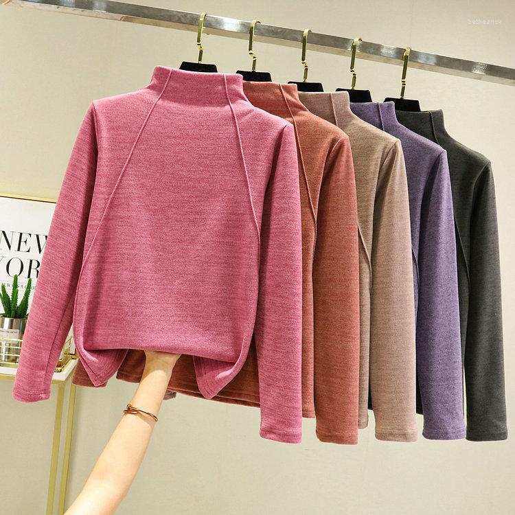 

Women's T Shirts Double-sided Strip Splicing Velvet Half High Collar Heating Underwear Warmth Fitting Autumn Women Clothing Base Tshirt