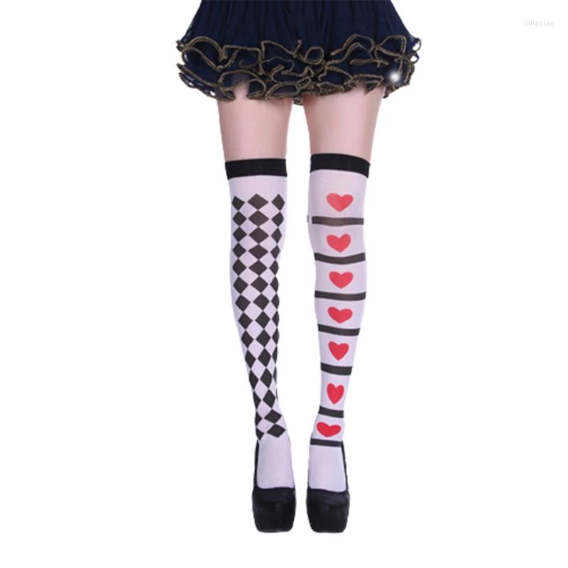 

Women Socks Halloween Thigh High Stockings Poker Card Suit Print Over Knee Long