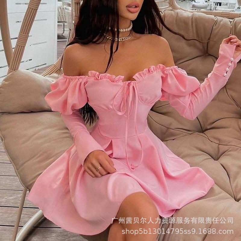 

Casual Dresses Women Strapless Dress Pink Long Sleeve Ruffles Slash Neck High Waist Sexy Mini Summer Spring