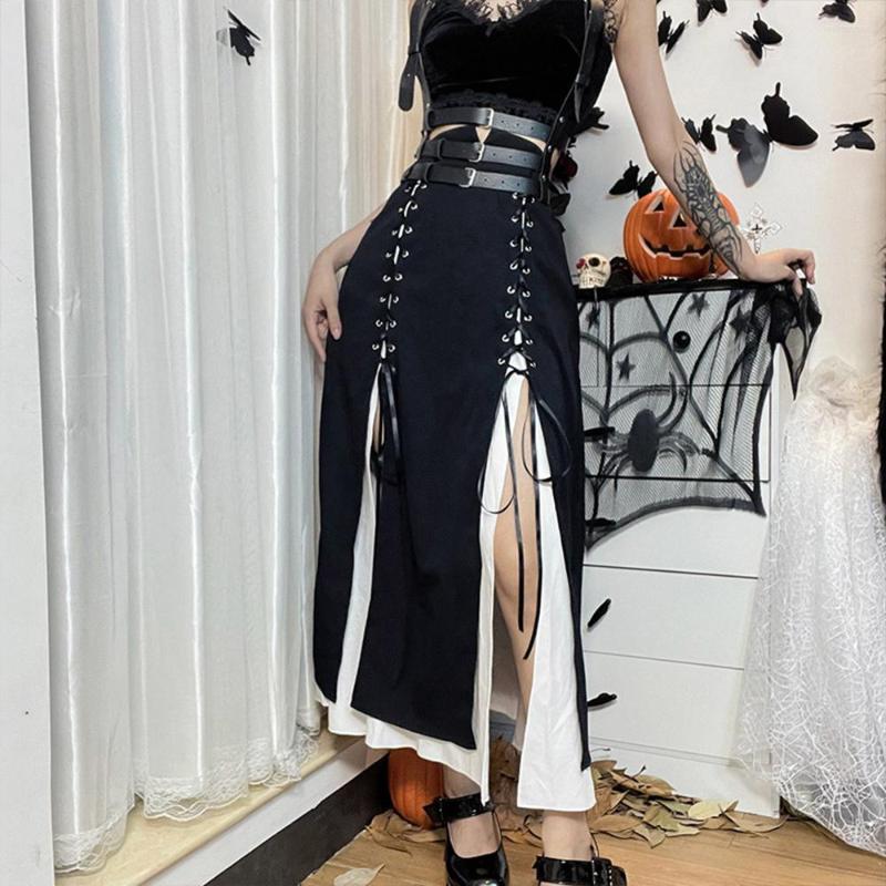 

Skirts High Waist Lace Up Split Sexy Goth Gothic Skirt WGS005 Women Party Steampunk Fairy Grunge Black White Long