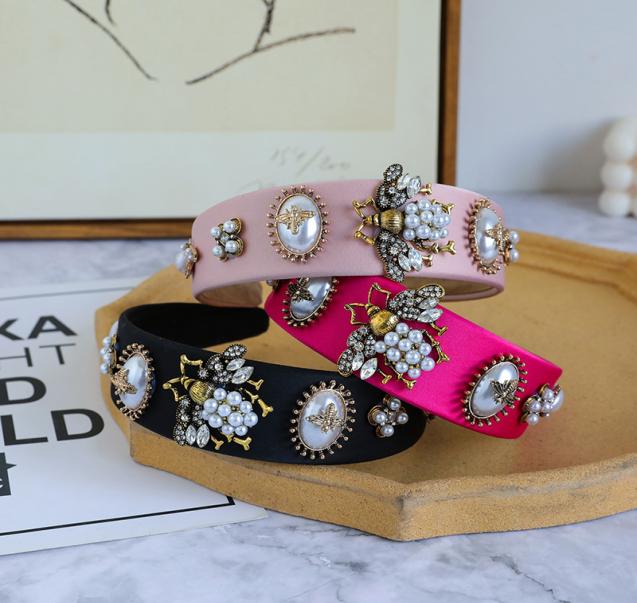 

Pearl Crystal Headband for Woman Vintage Simulated Bumble Bee Fabric Hair Band Bride Wedding Accessories4564994, Red